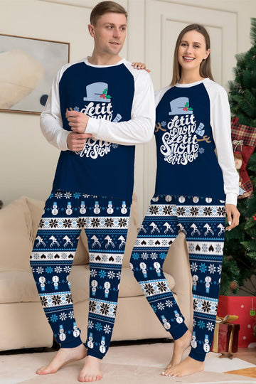 Dark Blue Long Sleeve Striped Pants Printed Christmas Pajamas Set